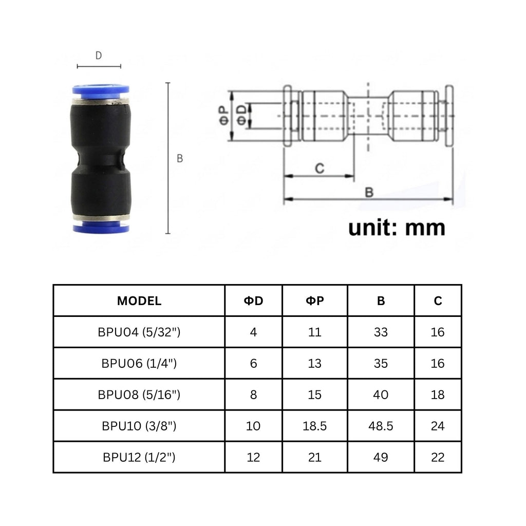 Pneumatic Push-In Air Fitting – Straight Plastic Union 3/8" Tube | Truck & Trailer Air Line Connector